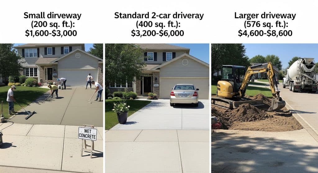 Three driveways being installed: left shows a small driveway with workers smoothing wet concrete; center shows a standard 2-car driveway with a parked car; right shows a larger driveway with construction equipment and a cement truck.
