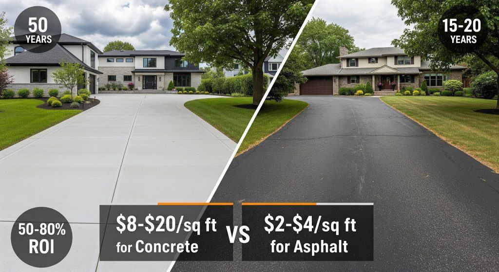 A split-image compares two homes: the left has a concrete driveway, the right has an asphalt driveway. Text contrasts lifespan, ROI, and cost per sq ft for concrete ($8–$20) vs asphalt ($2–$4).