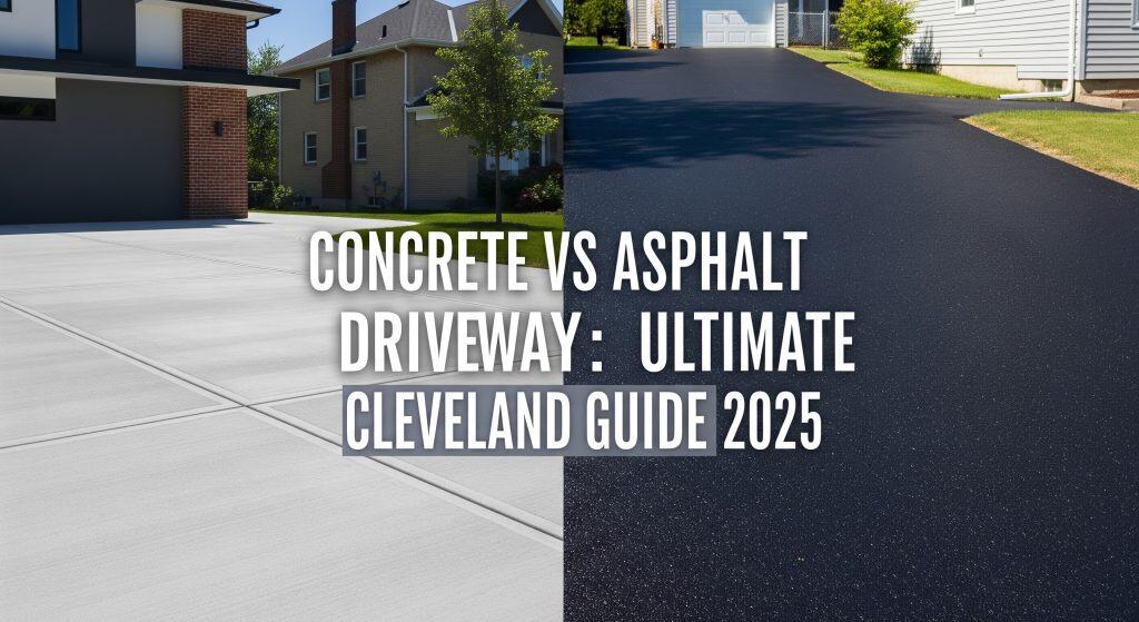 A split view shows a light gray concrete driveway on the left and a smooth black asphalt driveway on the right, with houses in the background. Overlaid text reads: Concrete vs Asphalt Driveway: Ultimate Cleveland Guide 2025.