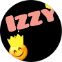 A black circle features the word IZZY in bold pink letters. Below, there is a smiling emoji wearing a yellow crown, and part of another crown is visible at the top edge.