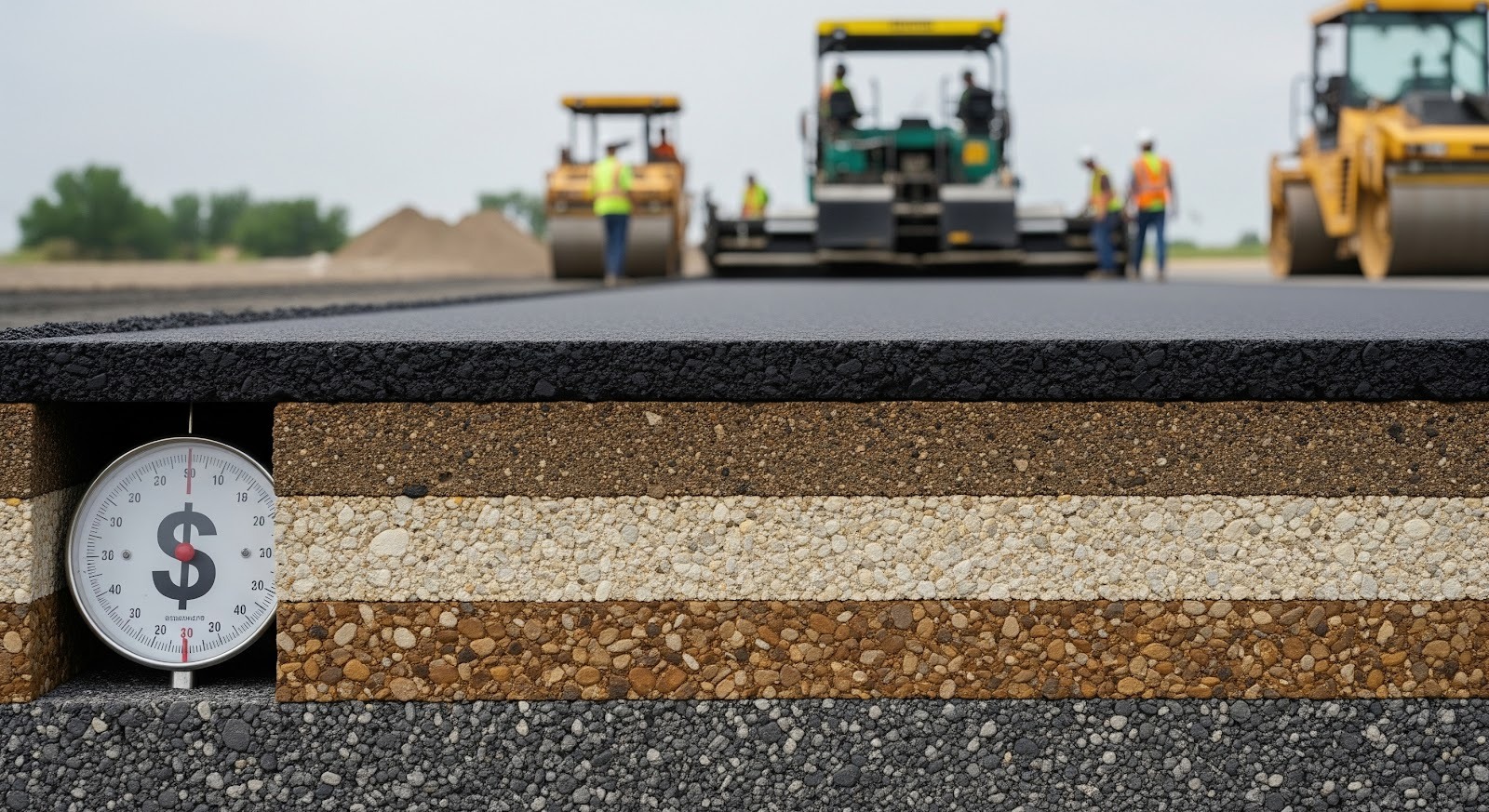 A cross-section of a newly paved road shows multiple layers of materials. Inset is a gauge with a dollar sign, symbolizing cost. In the background, construction workers and paving machines are working on the road.