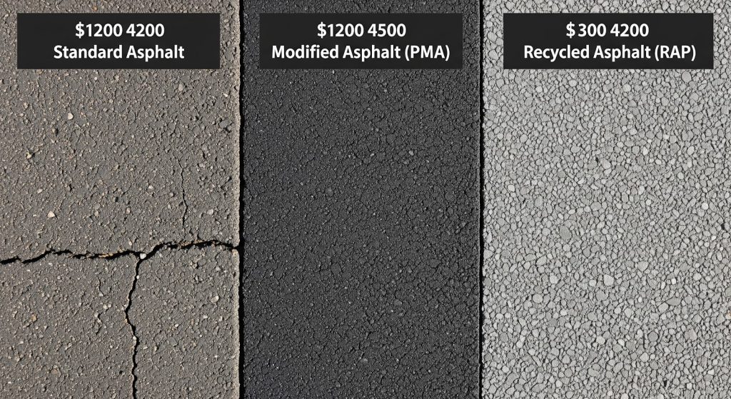 Three types of asphalt are shown: cracked standard asphalt ($1200 4200), smooth black modified asphalt ($1200 4500), and light gray recycled asphalt with small visible stones ($300 4200). Each price and type is labeled above.