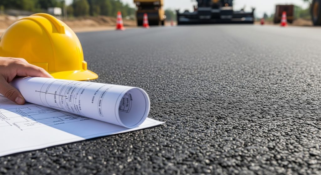 A person holding rolled blueprints next to a yellow hard hat on freshly paved asphalt, with construction equipment and orange cones in the blurred background.