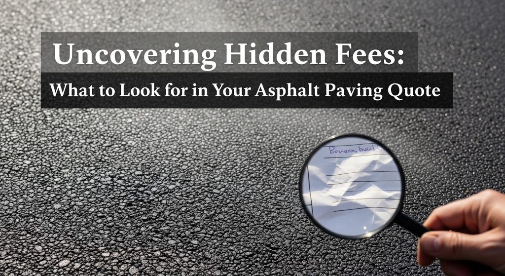 A hand holds a magnifying glass over asphalt. Overlay text reads, Uncovering Hidden Fees: What to Look for in Your Asphalt Paving Quote.