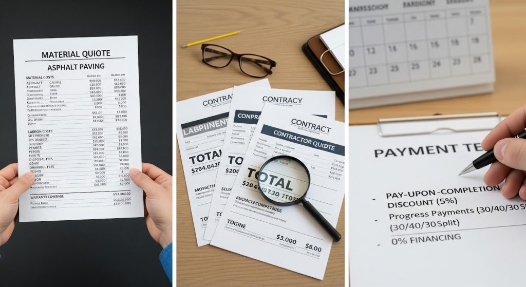 A collage showing: a hand holding an asphalt paving material quote, a desk with contract documents, glasses and a magnifying glass, and a hand writing payment terms on a form near a calendar.