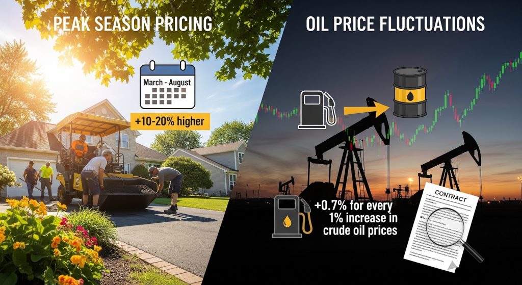 A split image showing a driveway being paved in summer with a +10-20% higher price label, and oil pumps with crude oil, gas pump, and contract icons showing that prices rise 0.7% for every 1% increase in crude oil prices.