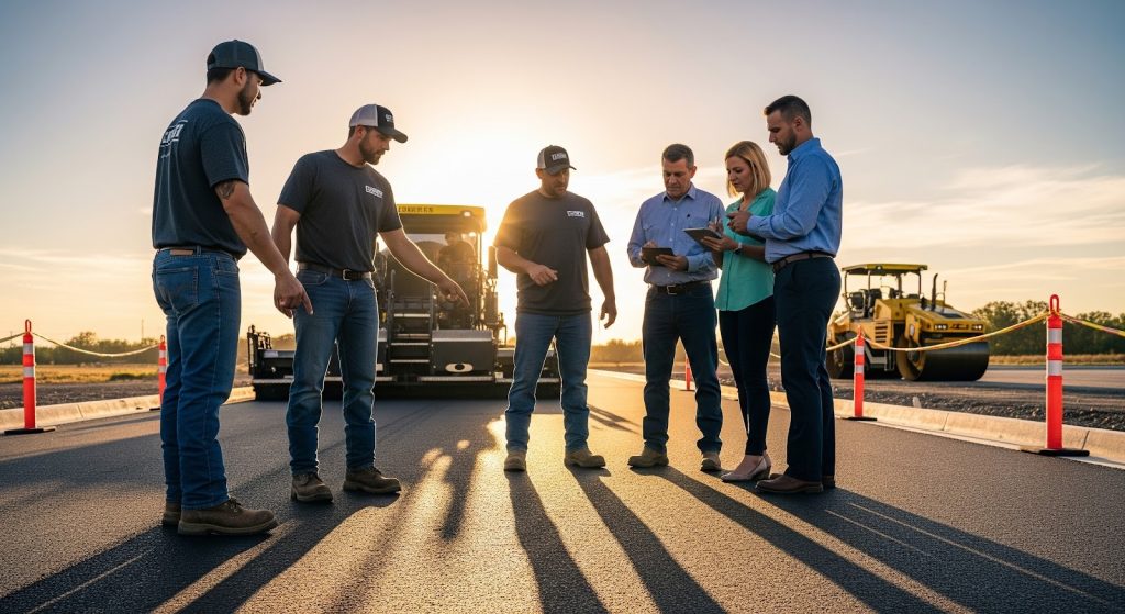 A group of construction workers and professionals stand on a newly paved road at sunset, reviewing documents and discussing the project, with construction vehicles and cones in the background.