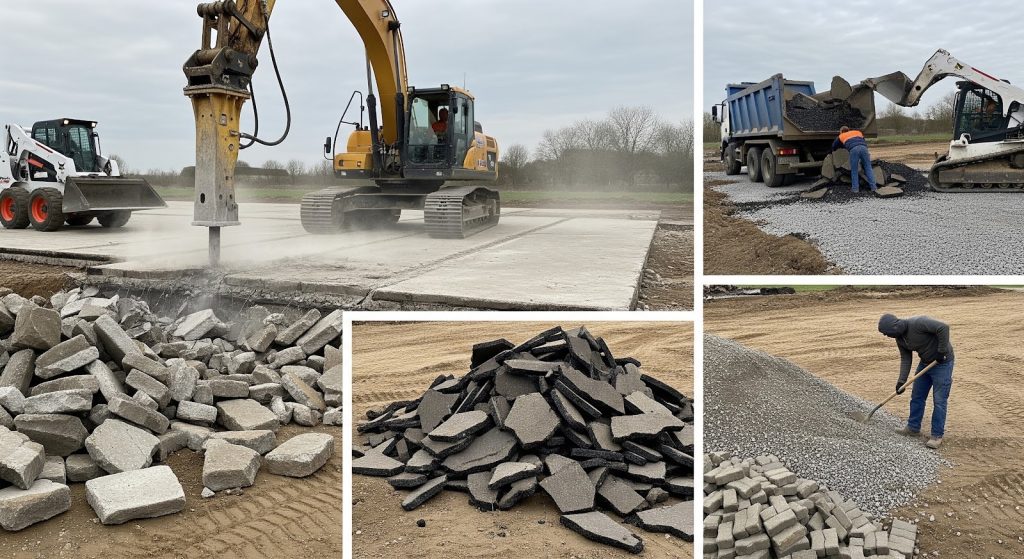 Construction workers and machinery break and remove concrete slabs, pile up broken pieces, and spread gravel on a site with heavy equipment under a cloudy sky.
