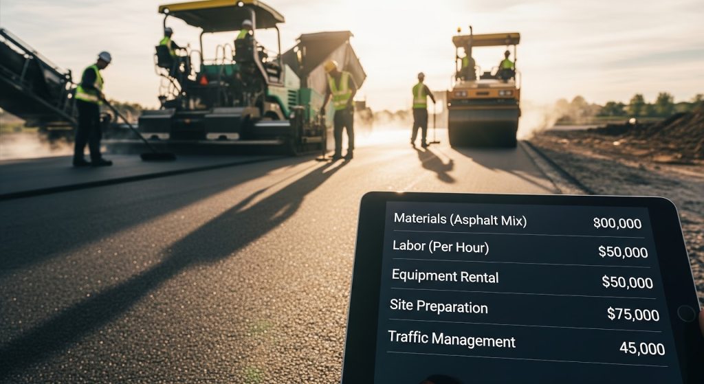 Construction workers pave a road with heavy machinery in the background. In the foreground, a tablet displays a list of costs for materials, labor, equipment rental, site preparation, and traffic management.