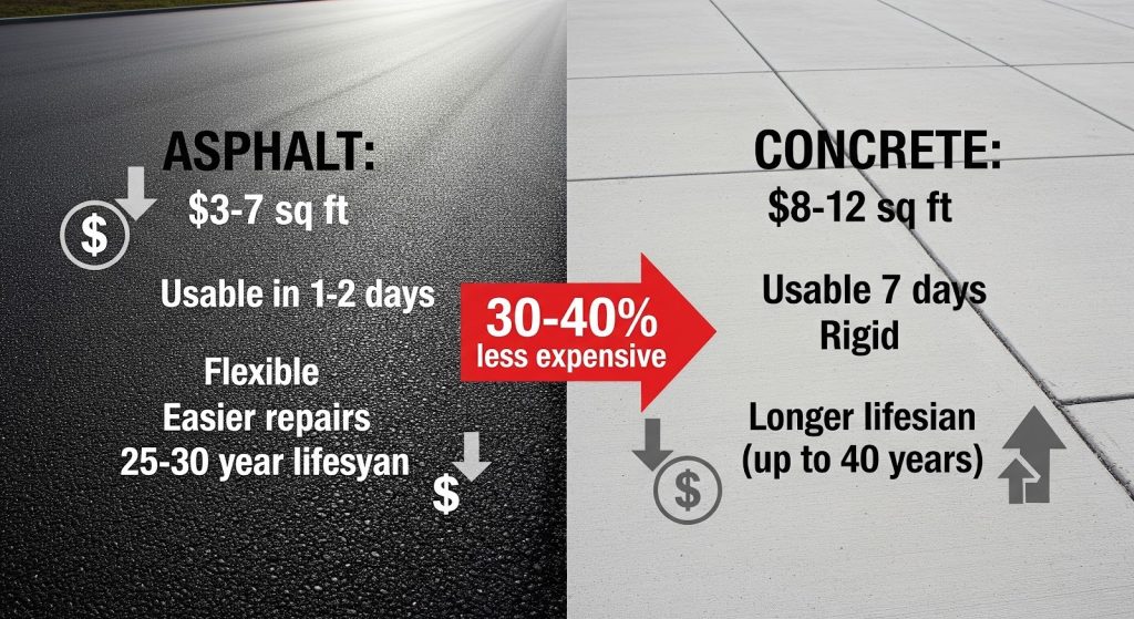 Split image comparing asphalt and concrete paving: Asphalt costs $3–$7/sq ft, usable in 1–2 days, flexible, easier repairs, lasts 25–30 years. Concrete costs $8–$12/sq ft, usable in 7 days, rigid, lasts up to 40 years. Asphalt is 30–40% less expensive.