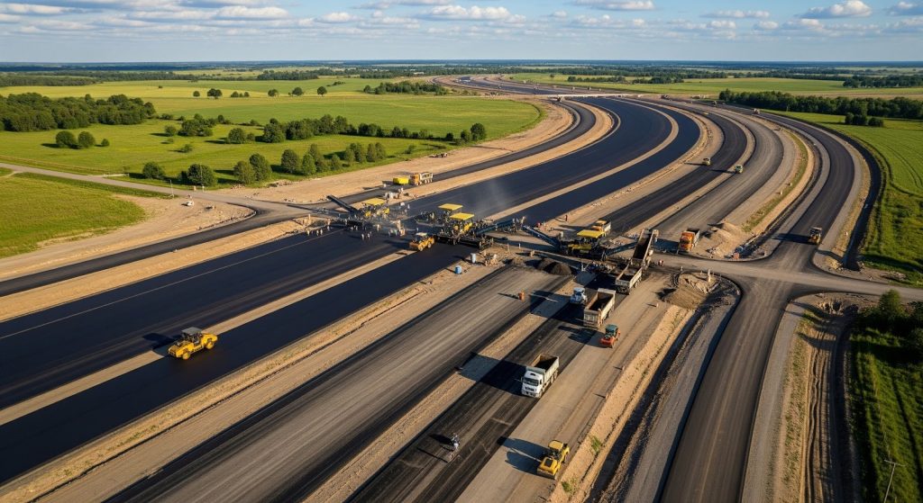 Aerial view of a large highway under construction in a rural area, with several construction vehicles and workers paving multiple wide asphalt lanes surrounded by green fields and trees under a partly cloudy sky.