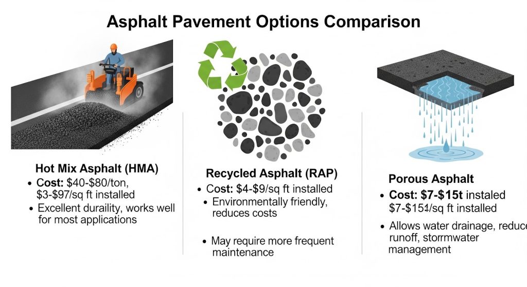 Infographic compares Hot Mix Asphalt, Recycled Asphalt, and Porous Asphalt with illustrations and cost, durability, environmental impact, and maintenance information for each pavement option.