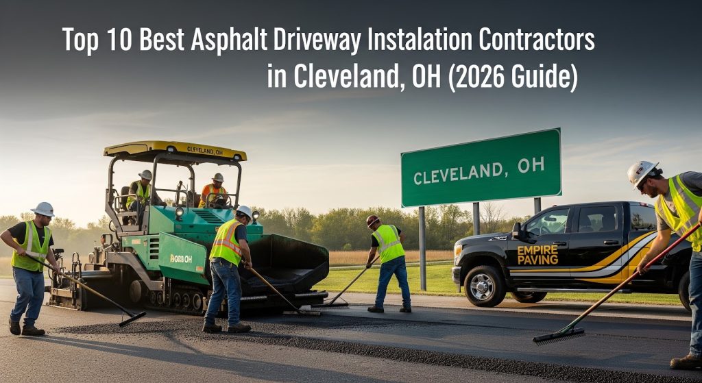 Road construction crew paving a road with heavy machinery and shovels; a truck labeled “Empire Paving” is parked nearby. A large green sign reads “Cleveland, OH.” Text above lists top asphalt driveway contractors in Cleveland, OH for 2026.