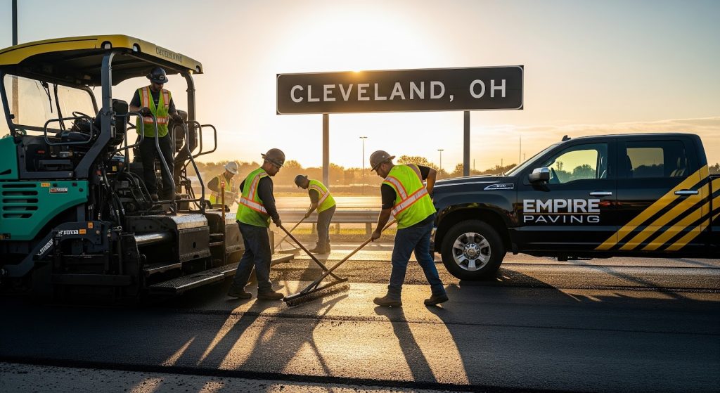 Construction workers in safety vests repave a road at sunrise near a Cleveland, OH sign, with an Empire Paving truck and paving equipment visible in the background.