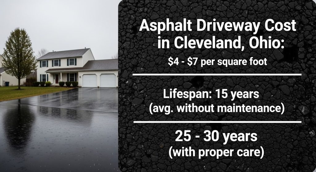 A suburban house with a smooth black asphalt driveway. Text states asphalt driveway cost in Cleveland, Ohio: $4–$7 per sq ft; lifespan 15 years (no maintenance) or 25–30 years (with proper care).