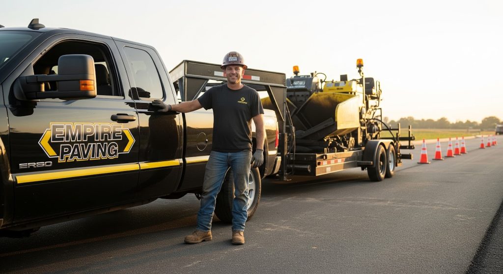 A construction worker stands beside a black Empire Paving truck parked on a newly paved road, with a paving machine and orange traffic cones lined up in the background.