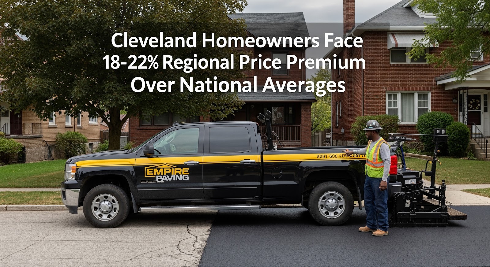 A paving truck and worker lay new asphalt on a suburban street in front of houses. Text overlay reads: “Cleveland Homeowners Face 18-22% Regional Price Premium Over National Averages.”.