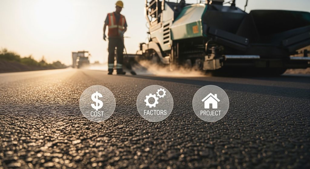 A construction worker stands on a freshly paved road near an asphalt paving machine at sunset. Three icons labeled cost, factors, and project appear over the asphalt in the foreground.