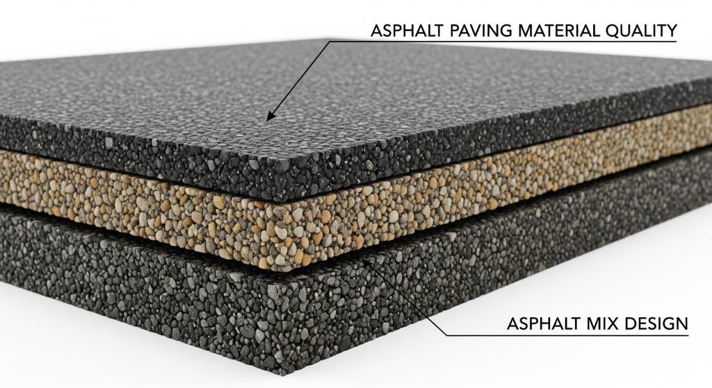A cross-section of a three-layered asphalt pavement. The top layer is labeled asphalt paving material quality, and the bottom layer is labeled asphalt mix design. Each layer has a different texture and color.