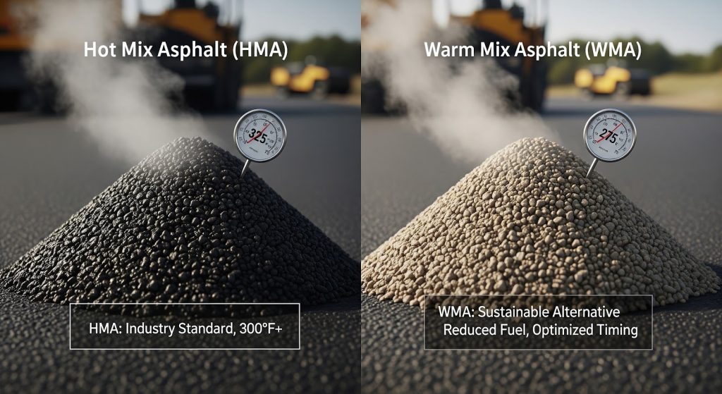 Side-by-side image comparing hot mix asphalt (HMA) and warm mix asphalt (WMA) with thermometers; HMA is labeled as the industry standard at 300°F+, and WMA as a sustainable alternative with reduced fuel use.