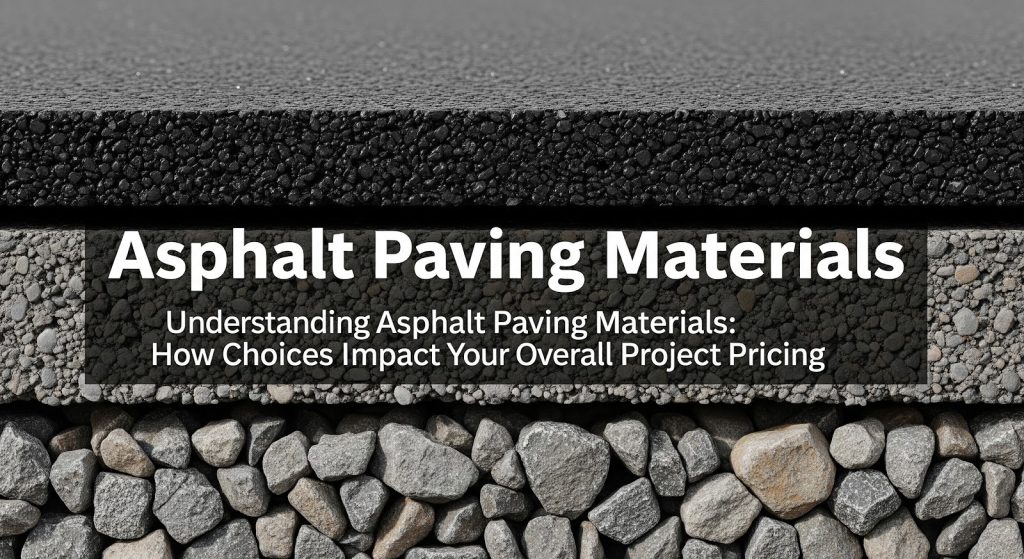 Cross-section of asphalt paving layers, showing black asphalt on top, gravel beneath, and text: Asphalt Paving Materials – Understanding Asphalt Paving Materials: How Choices Impact Your Overall Project Pricing.
