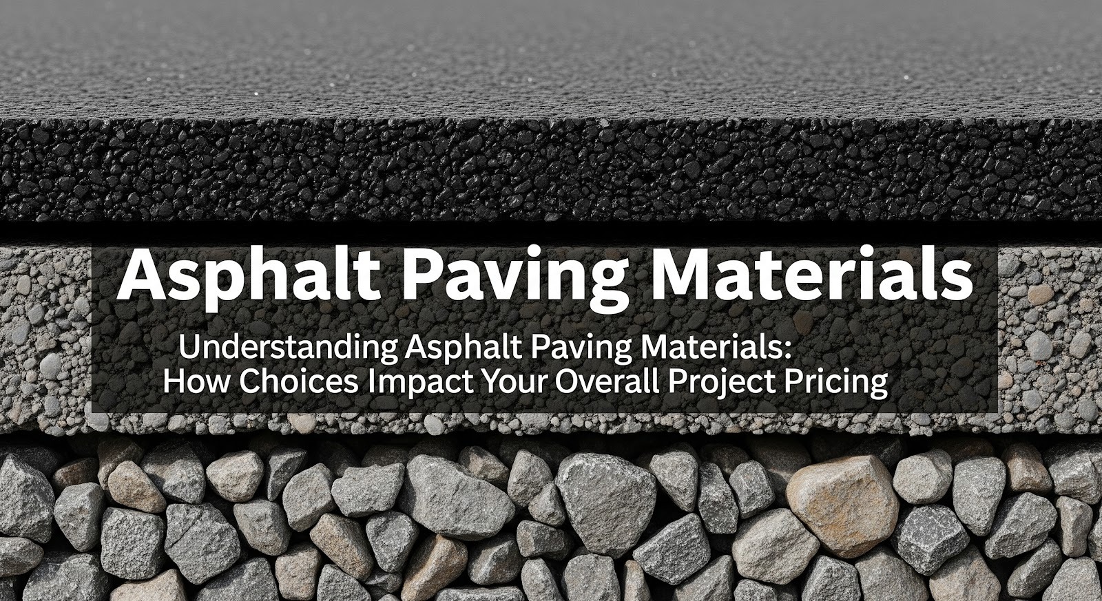 Cross-section of asphalt paving layers, showing black asphalt on top, gravel beneath, and text: Asphalt Paving Materials – Understanding Asphalt Paving Materials: How Choices Impact Your Overall Project Pricing.