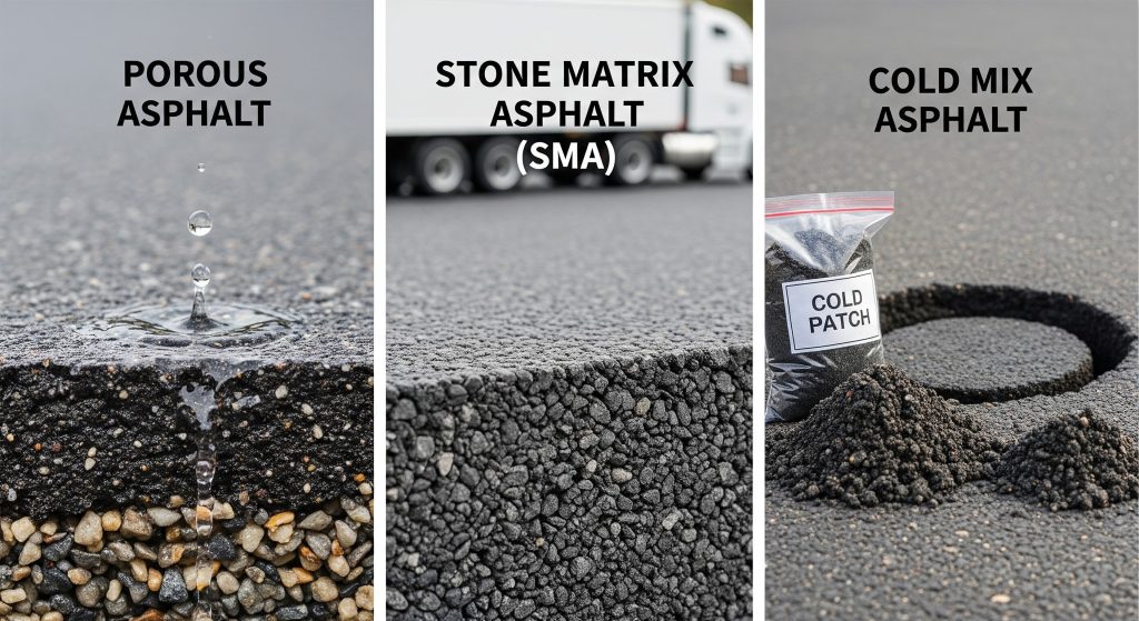 Three types of asphalt are shown: porous asphalt with water dripping through, stone matrix asphalt with a truck in the background, and cold mix asphalt beside a plastic bag labeled Cold Patch.