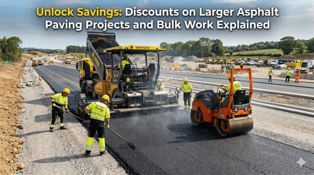 Construction workers paving a large road with asphalt machines and a steamroller; text reads, Unlock Savings: Discounts on Larger Asphalt Paving Projects and Bulk Work Explained.