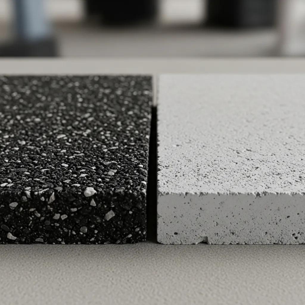 Close-up of two rectangular pavement tiles side by side, one black with a rough, textured surface, and the other white with a smoother appearance. There is a visible gap between the tiles.