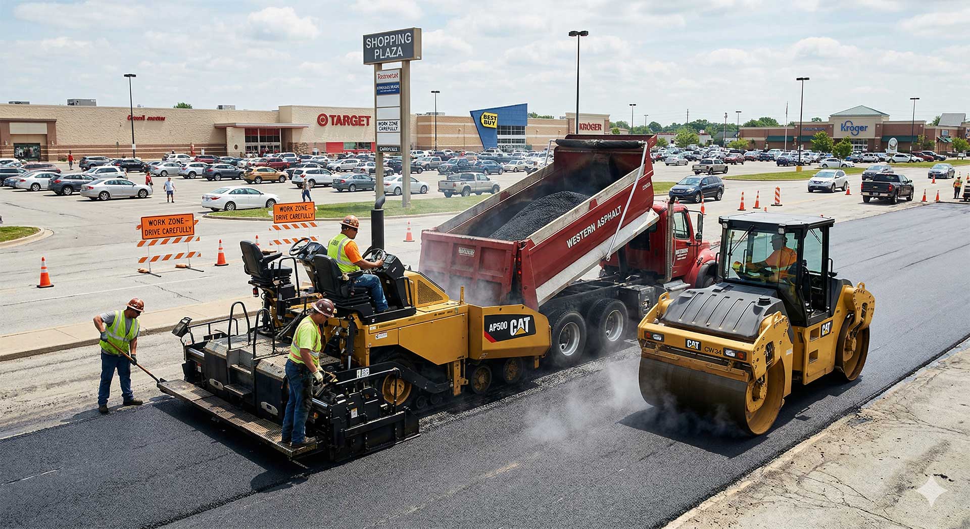 Workers repave a road near a busy shopping plaza with Target and other stores visible. A dump truck, paver, and steamroller are in use, with traffic cones and cars in the background under a partly cloudy sky.