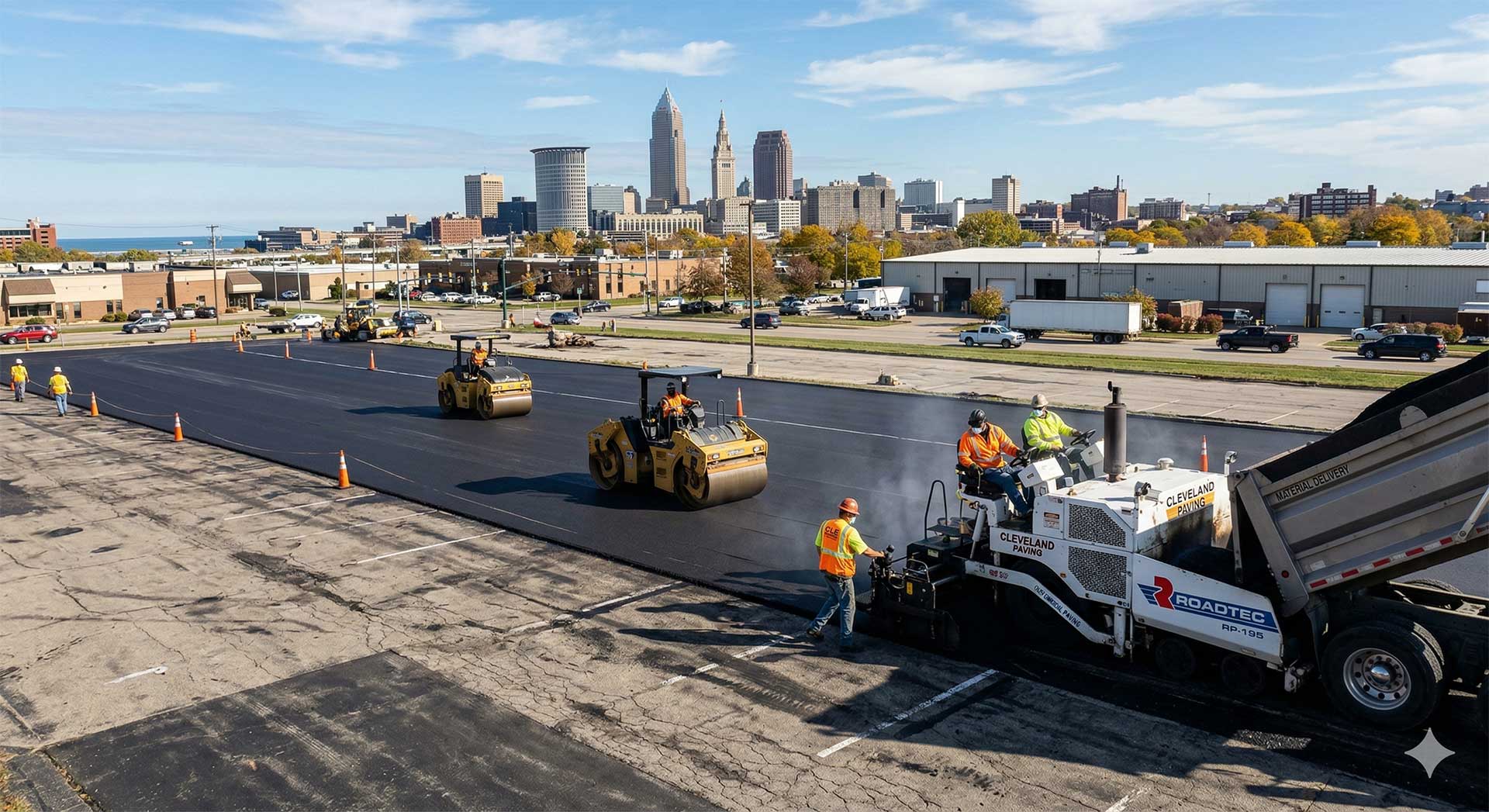 Construction workers operate paving machinery and rollers to lay new asphalt on a large parking lot, with a city skyline and blue sky in the background. Orange cones mark the work area.