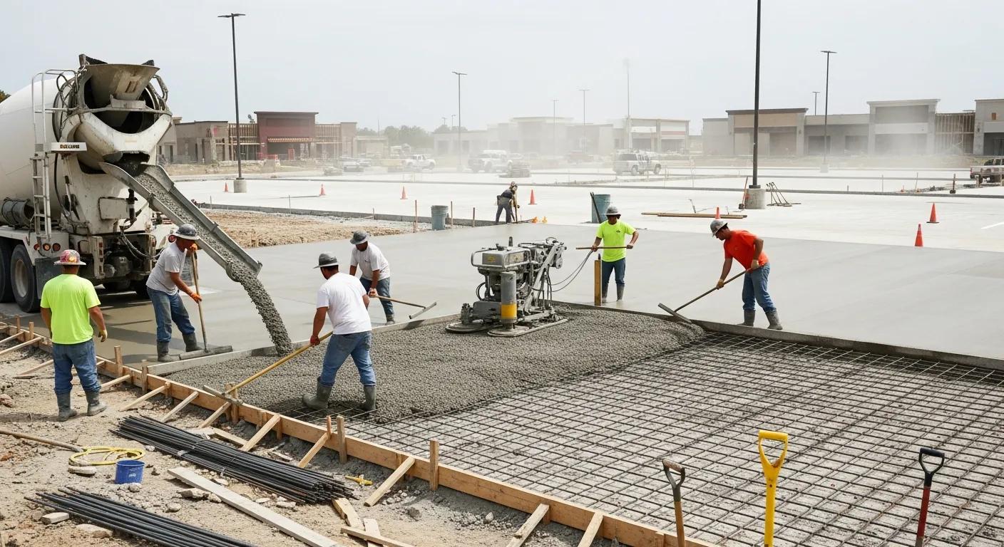 Several construction workers pour and smooth concrete for a large parking lot, with a cement mixer truck delivering concrete and rebar visible on the ground. Buildings and traffic cones are seen in the background.