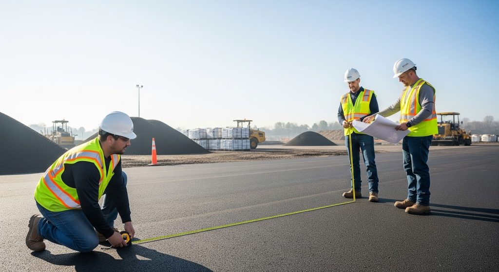 Three construction workers wearing safety vests and helmets measure a newly paved surface with a tape measure. Two review blueprints while dirt piles, equipment, and a clear sky are visible in the background.