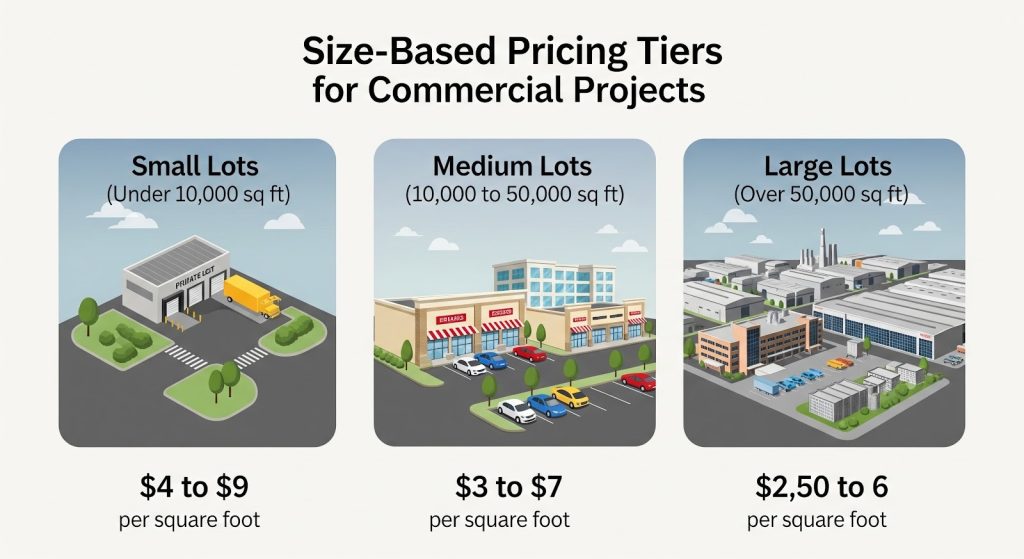 Infographic showing size-based pricing tiers for commercial projects: Small lots (under 10,000 sq ft, $4–$9/sq ft), medium lots (10,000–50,000 sq ft, $3–$7/sq ft), and large lots (over 50,000 sq ft, $2.50–$6/sq ft).