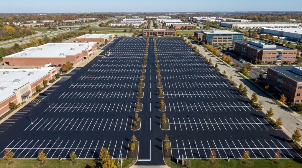 A large, empty parking lot with neatly painted white lines, surrounded by office buildings and trees with autumn foliage, viewed from above.