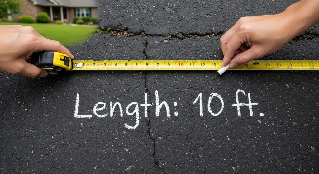 Two hands measure a crack in an asphalt driveway with a tape measure and mark with chalk. The words Length: 10 ft. are written in white chalk on the pavement.