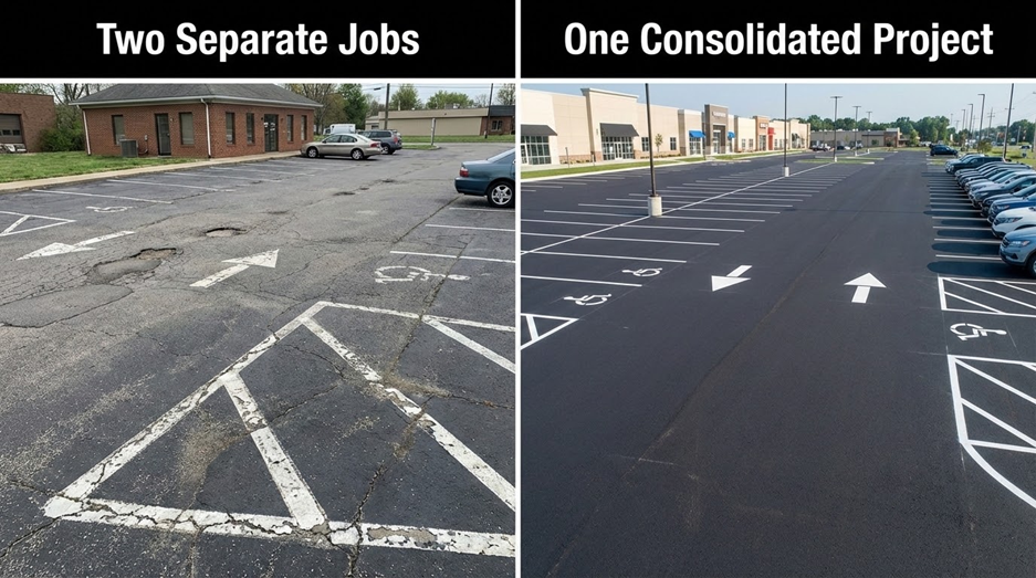 A split image compares old, cracked, faded parking lot lines on the left labeled Two Separate Jobs with a newly paved, clearly marked parking lot on the right labeled One Consolidated Project.