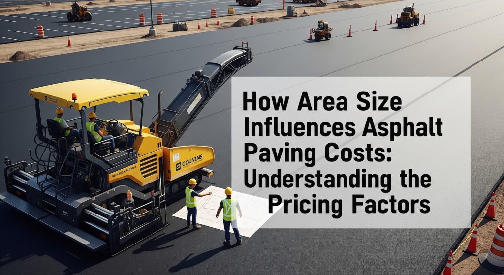A construction crew operates heavy machinery to pave a large road with fresh asphalt. Three workers in safety gear measure and inspect the newly paved surface. Text reads: How Area Size Influences Asphalt Paving Costs: Understanding the Pricing Factors.