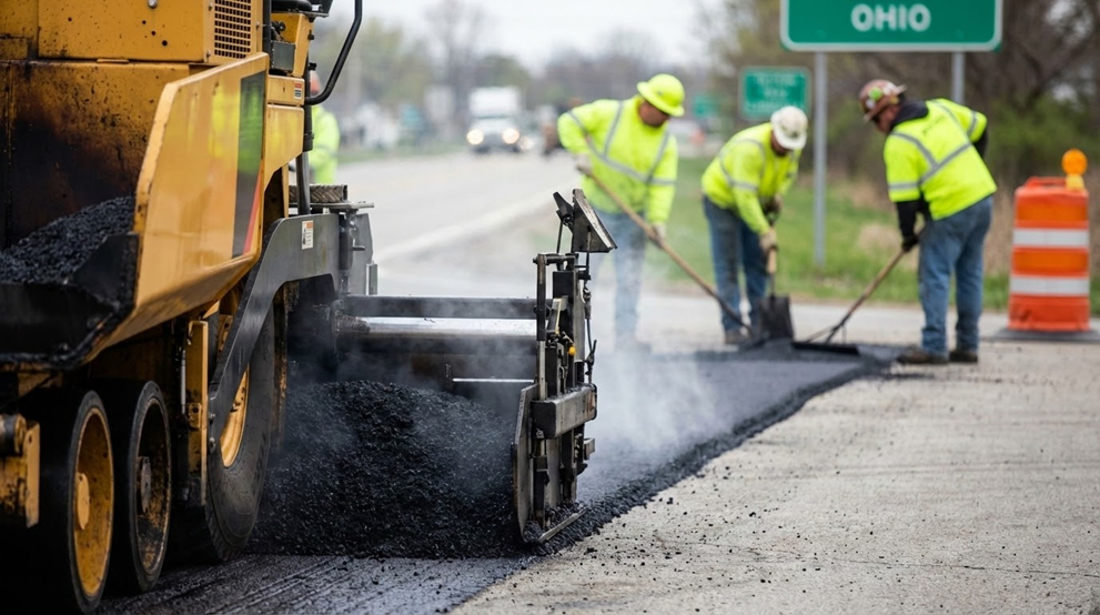 Road construction workers in yellow safety gear repave a highway with fresh asphalt using heavy machinery. A green road sign in the background reads Ohio. Orange traffic barrels are visible on the roadside.