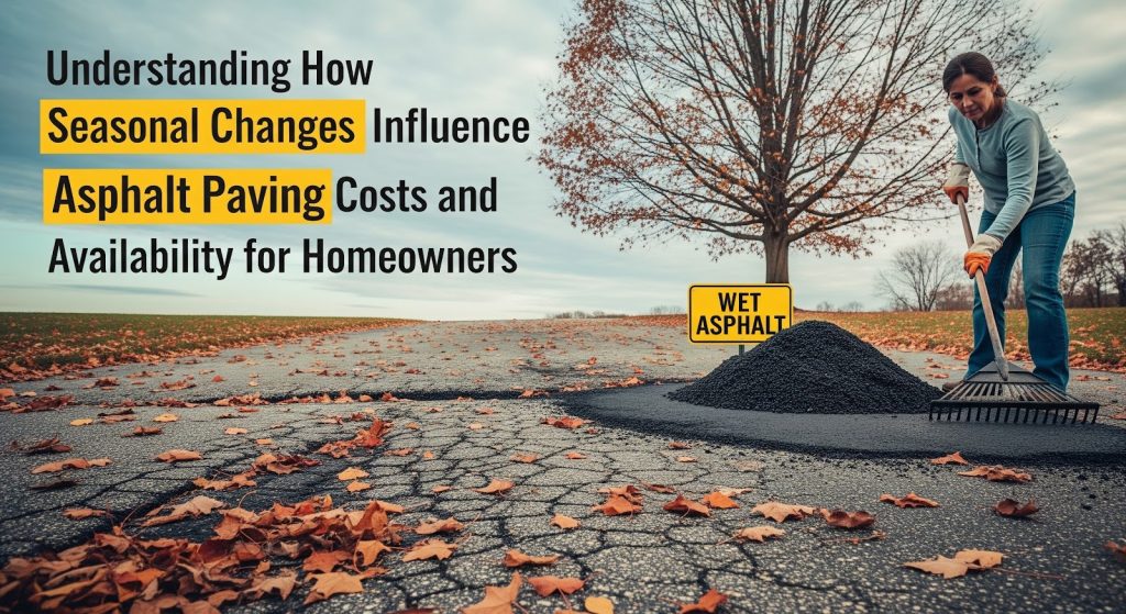 A woman spreads fresh asphalt on a cracked road surrounded by autumn trees. A yellow Wet Asphalt sign is nearby. Text discusses how seasonal changes impact asphalt paving costs and availability for homeowners.