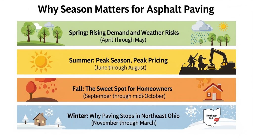 Infographic titled “Why Season Matters for Asphalt Paving” shows four color-coded sections for each season, highlighting demand, pricing, and risks for paving in spring, summer, fall, and winter in Northeast Ohio.