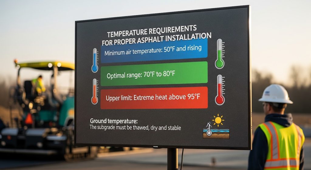 A digital sign at a construction site lists temperature requirements for asphalt installation, showing minimum, optimal, and upper temperature limits, with a worker and paving machine in the background.