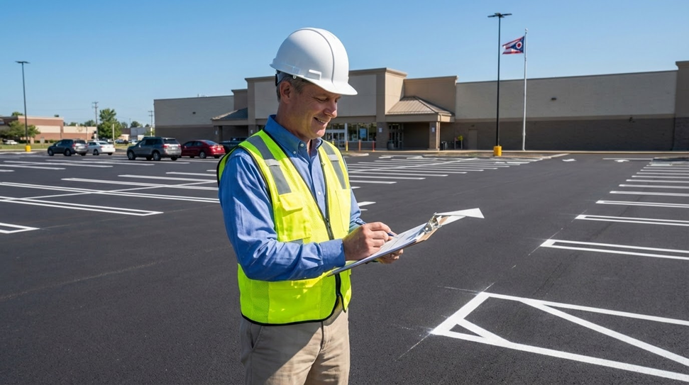 A man in a hard hat and safety vest stands in an empty parking lot outside a building, smiling as he writes on a clipboard. A state flag is visible in the background.