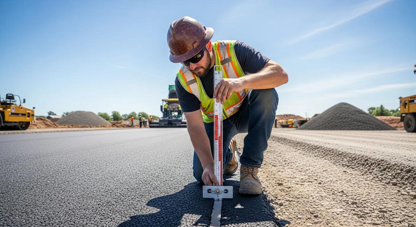 A construction worker in a safety vest and helmet measures the depth of freshly laid asphalt on a road using a ruler, with construction vehicles and gravel piles in the background under a clear sky.