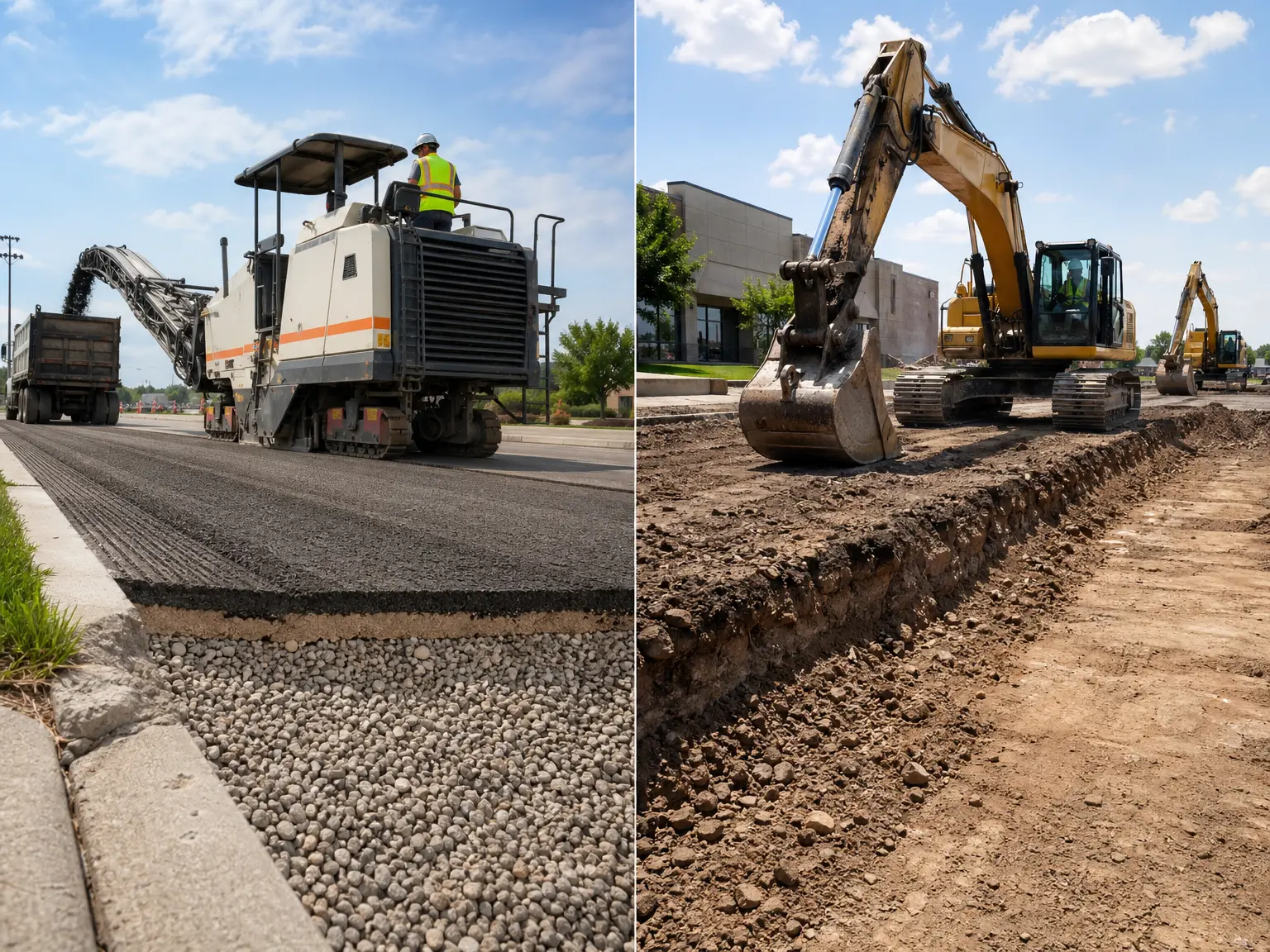 Split image: Left side shows a road milling machine removing old asphalt; right side shows excavators digging and leveling a construction site under a blue sky with clouds.