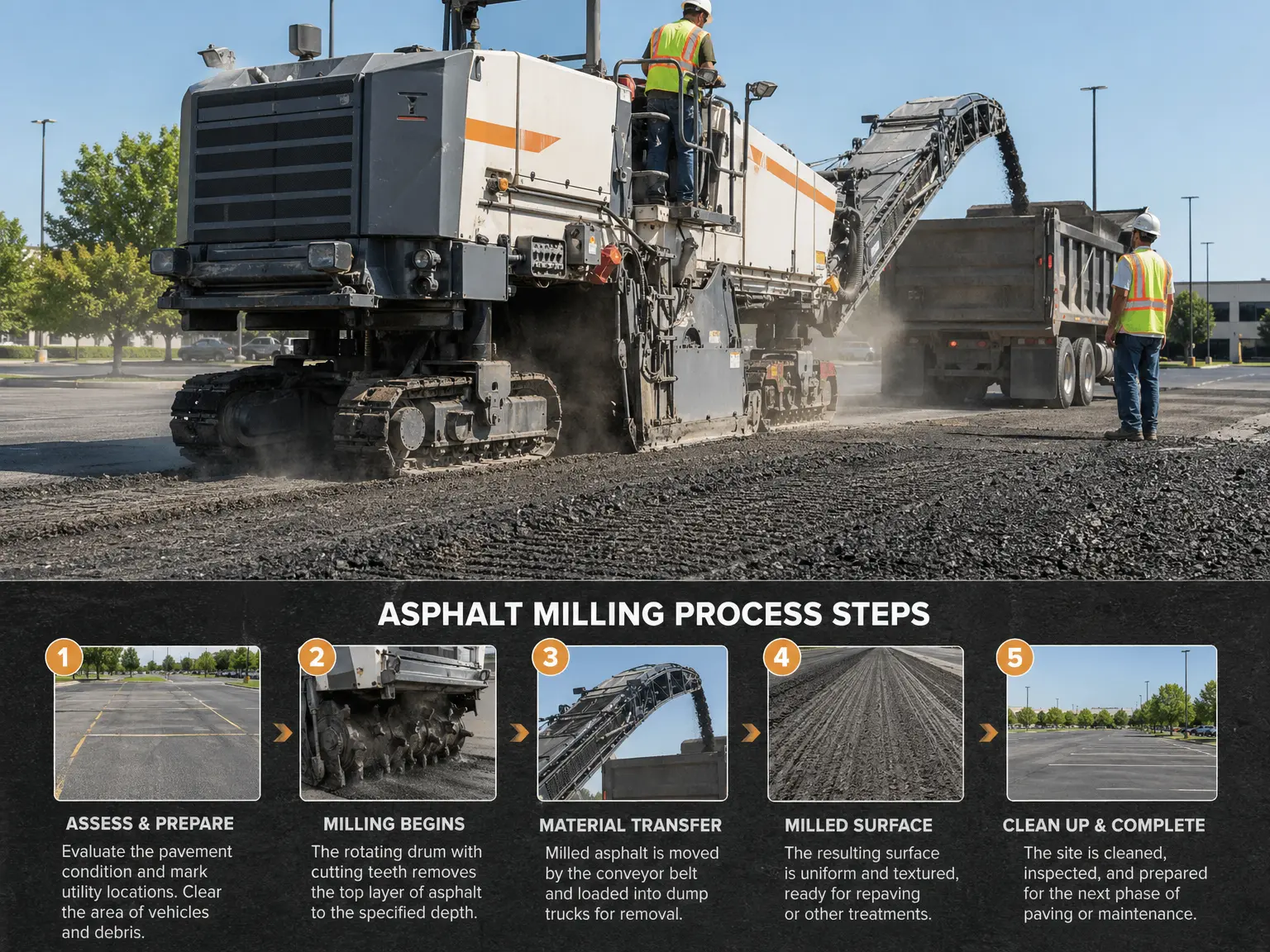 A large asphalt milling machine removes pavement as a worker operates it; milled asphalt is conveyed into a dump truck. Below, five illustrated steps detail the asphalt milling process, from assessment to cleaning up.