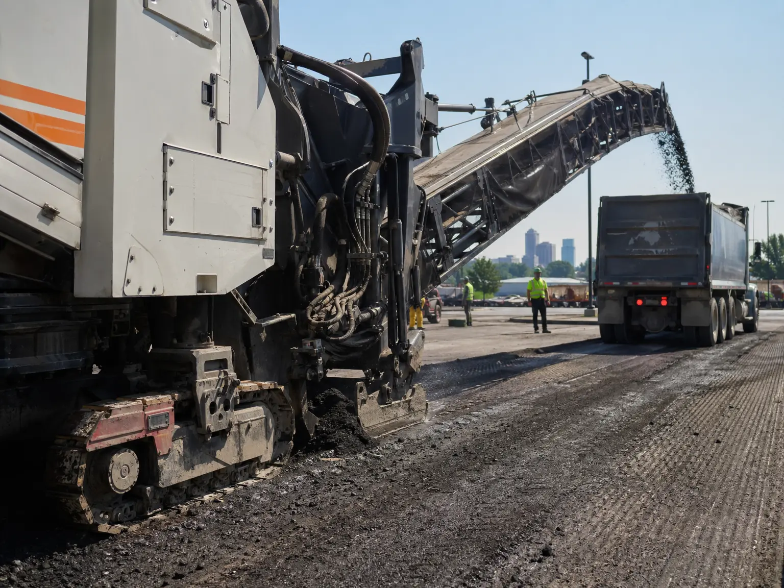 A large road milling machine grinds asphalt, sending debris up a conveyor belt into a dump truck. Two workers in safety vests stand nearby. City buildings are visible in the distant background.