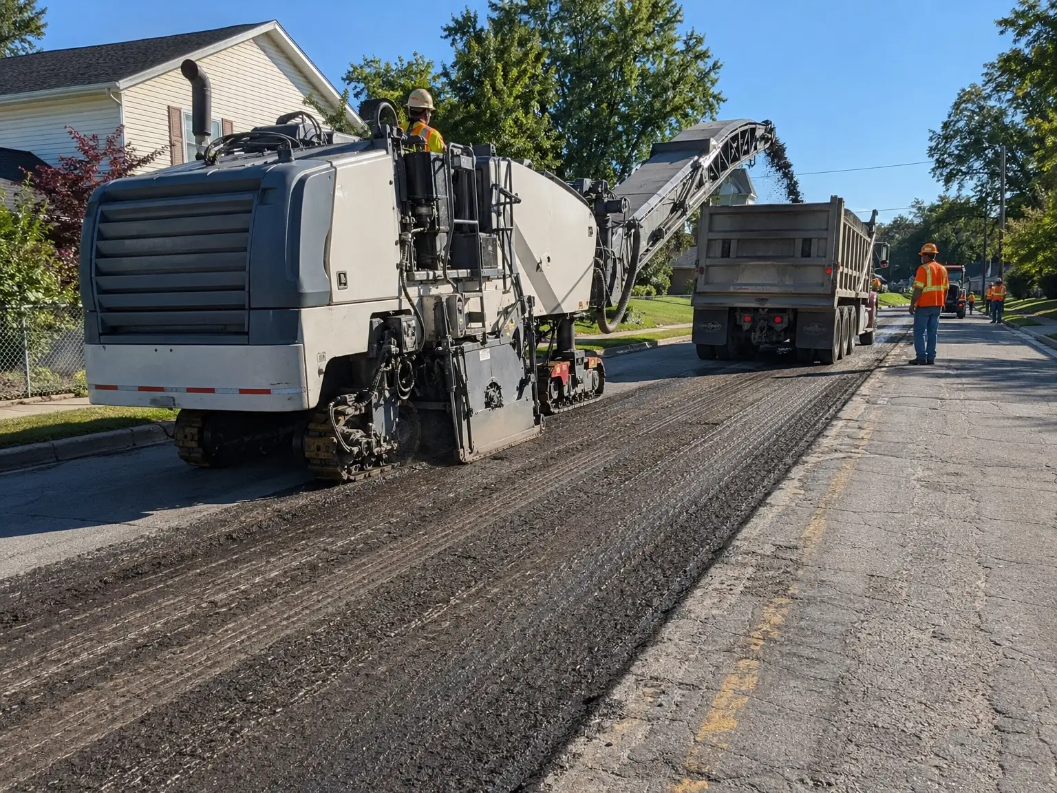 A large road milling machine removes old asphalt from a street, loading debris into a dump truck while two workers in safety gear oversee the process on a sunny day.