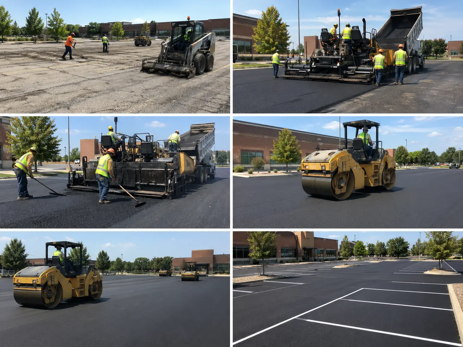 A collage shows workers and heavy machinery repaving a parking lot, progressing from old, cracked pavement to fresh, smooth black asphalt with newly painted white lines. Trees and buildings are visible in the background.