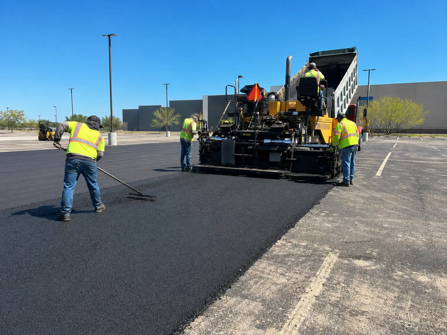 Workers in safety vests lay fresh asphalt on a parking lot using paving machinery, with one worker raking the new surface and others guiding the equipment under a clear blue sky.